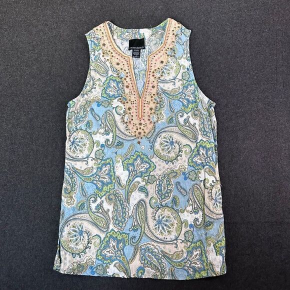 Cynthia Rowley Paisley Plunge Neck Sleeveless Tunic Top Womens L Blue Cottagecor - Picture 1 of 9